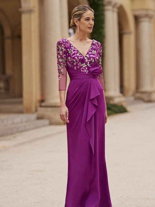 Vestido apliques bordados fucsia