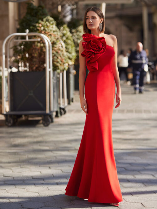 VESTIDO CEREMONIA ESCOTE ASIMETRICO CON FLOR