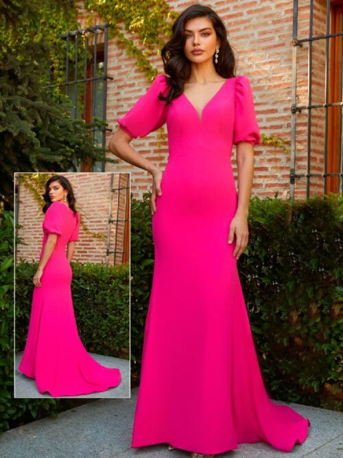 Vestido fucsia escote mangas volumen