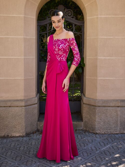 Vestido largo satén asimétrico con encaje